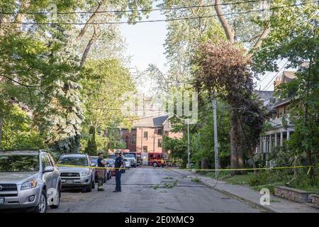 Toronto, Ontario, Canada. 13th June, 2018. A closed off neighbourhood road during the aftermath.A powerful rainstorm hit Toronto leaving 16,500 households across the city without power, pouring into the iconic Eaton Centre mall. No deaths were recorded. Credit: Shawn Goldberg/SOPA Images/ZUMA Wire/Alamy Live News Stock Photo