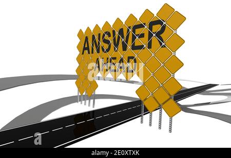 Giant yellow road signs with answer ahead word, 3D rendering Stock Photo