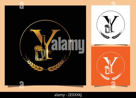 A vector Illustration of Gold Glass and Bottle Beer Monogram Initial Letter Y in black background with Golden Stock Vector