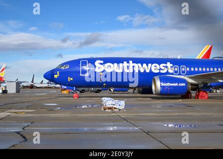 General overall view of a Southwest Airlines Boeing 737 MAX 8 stored at the Southern California Logistics Airport, Monday, Dec. 28, 2020 in Victorvill Stock Photo