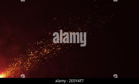 Beautiful realistic burning fire embers with smoke in dark background with nice glowing light effect, fire background, camp fire, 3D render. Stock Photo