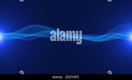 Abstract 3D Digital and futuristic hyper realistic Grid particle wave motion with illuminating lights , Abstract background for business, cyber & tech Stock Photo