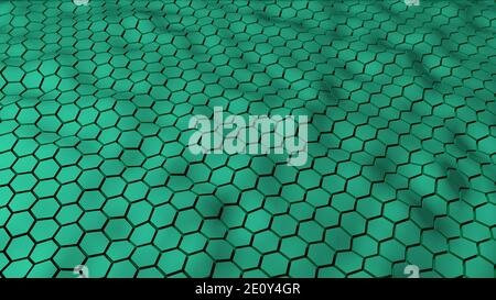 Abstract green color hexagonal geometry patterns with six sided polygon and with smooth wavy motion effects. Abstract trendy background for business & Stock Photo