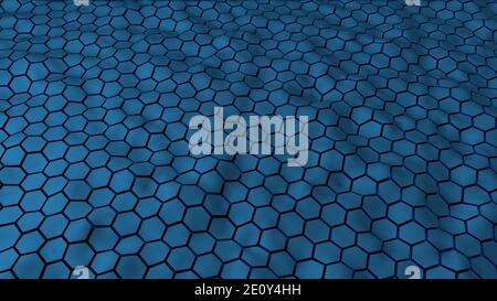 Abstract blue hexagonal geometry patterns with six sided polygon and with smooth wavy motion effects. Abstract trendy background for business & techno Stock Photo