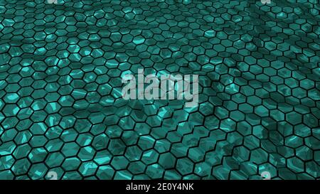 Abstract Green shiny hexagonal geometry patterns with six sided polygon and with smooth wavy motion effects. Abstract trendy background for business & Stock Photo