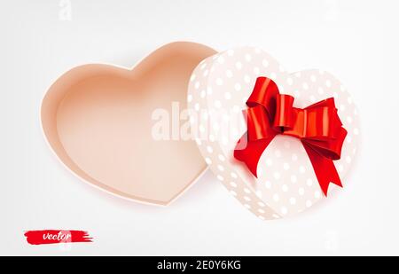 Pink heart shape gift box with red bow and polka dot pattern on white background. Open gift box. 3d realistic vector. Romantic holiday presents Heart Stock Vector