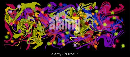 Graffity with abstract bright multycolor pattern layered eps10 vector illustration isolated on black background. Stock Vector