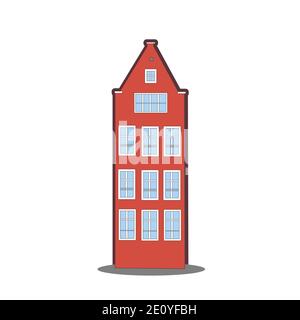 Amsterdam old house in the Dutch style. Orange colorful historic facade with outline. Traditional architecture of Netherlands. Vector illustration fla Stock Vector
