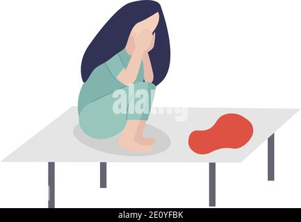 pregnancy loss, abortion, misbirth missed miscarriage. Woman is crying in hospital or clinic in hospital shirt. Near blood spot. Vector illustration i Stock Vector