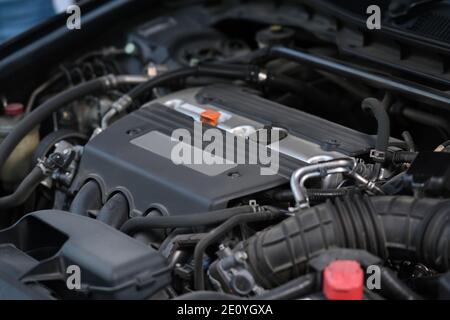 Close up view of a fragment of the engine car or modern detail of new car engine . Stock Photo