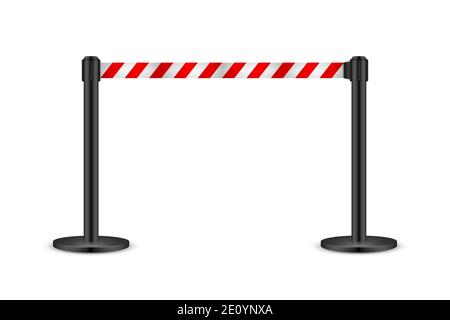 Realistic vector retractable belt stanchion. Crowd control barrier posts with caution strap. Queue lines. Restriction border and danger tape. Stock Vector