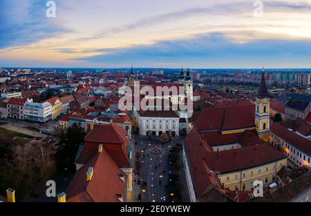 Aerial photo about  the old downtown of Szekesfehervar in Hungary. Amazing old historical buildings include churches, statues and monuments. Stock Photo