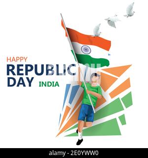 happy republic day India 26th January. a man running with Indian flag. vector illustration design. Stock Vector