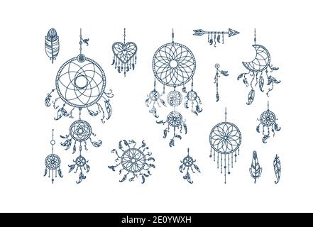 Dreamcatchers with feathers and arrows. Set of mystic dreamcatchers and feathers. Vector illustration in doodle style Stock Vector