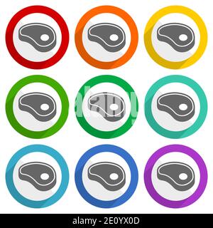 Meat, steak vector icons, set of colorful flat design buttons for webdesign and mobile applications Stock Vector