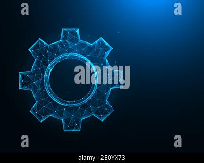 Gear or cogwheel low poly art. Settings or options polygonal vector illustrations on a blue background. Stock Vector