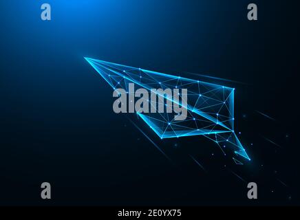Paper airplane low poly art. Launch paper airplane polygonal vector illustrations on a blue background. Stock Vector