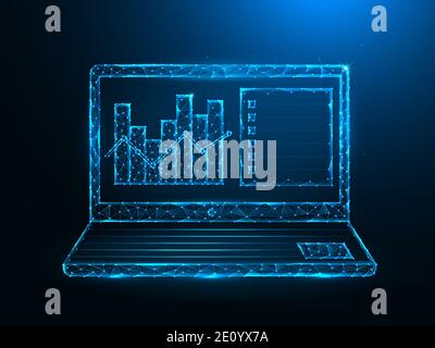 Laptop and analytical data low poly art. Notebook and data analytics graphic polygonal vector illustrations on a blue background. Stock Vector