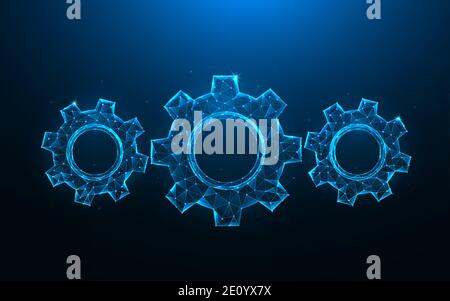 Gears or cogwheel low poly art. Mechanism polygonal vector illustrations on a blue background. Stock Vector