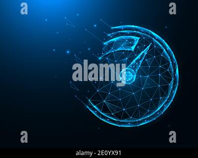 Speedometer with destruction effect low poly art. Gauge polygonal vector illustrations on a blue background. Stock Vector
