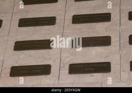 Los Angeles, California, USA 2nd January 2021 A general view of atmosphere of actress Celia Lovsky's Grave/Niche, aka Celia Lorre in Abbey of the Psalms at Hollywood Forever Cemetery on January 2, 2021 in Los Angeles, California, USA. Photo by Barry King/Alamy Stock Photo Stock Photo