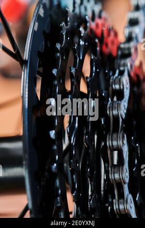 Metal bicycle gears and chain macro close up view Stock Photo