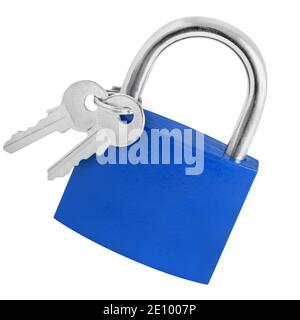 Blue lock and two keys isolated against white background Stock Photo