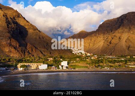 Beach near La Playa, in the back La Calera, Valle Gran Rey, drone shot, La Gomera, Canary Islands, Spain, Europe Stock Photo