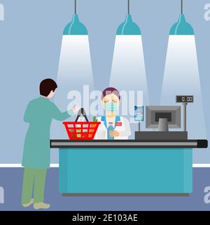 Supermarket store counter with cashier wearing medical mask and buyer with a basket of food Stock Vector