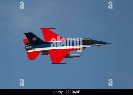 General Dynamics F-16 Fighting Falcon aircraft in flight in Royal Norwegian air force markings, Cambridgeshire, England, United Kingdom, Europe Stock Photo