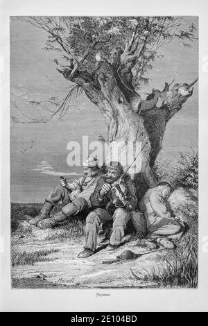 'Zigeuner', three tinker men sitting under a tree with one playing the violin, one smoking the pipe and another one sleeping, Bucharest, Romania, Stock Photo