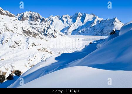 Wannenhörner and Aletsch glacier in winter, Valais, Switzerland, Europe Stock Photo