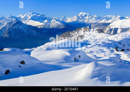 Swiss Alps, Alphubel, 4206 (m), Dom, 4545 m, Mischabel, Matterhorn, 4477 m, Weisshorn, 4505 m, Unesco World Heritage, Valais, Switzerland, Europe Stock Photo