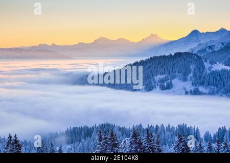 Swiss Alps and Pre-Alps with Schreckhorn, 4078 (m), Eiger, 3974 m, Mönch, 4099 m, view Gurnigel, Switzerland, Europe Stock Photo