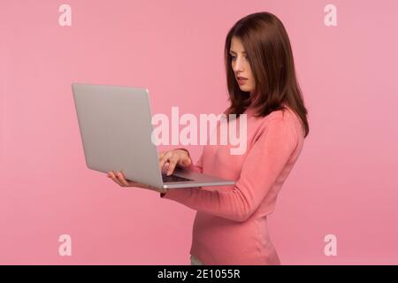 Serious focused woman with brown hair in pink sweater working on laptop, finishing project, remote work, freelance. Indoor studio shot isolated on pin Stock Photo