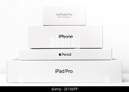 AirPods Pro, iPhone, Apple pencil, iPad Pro boxes isolated on the white background, December 2020, San Francisco, USA Stock Photo