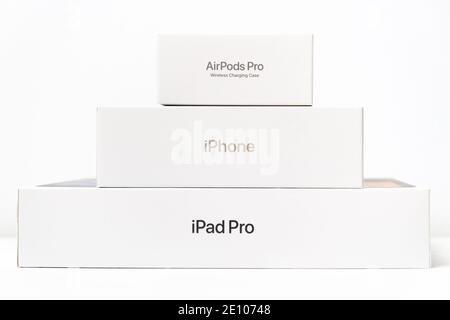 AirPods pro, iPhone, iPad pro boxes isolated on the white background, December 2020, San Francisco, USA Stock Photo