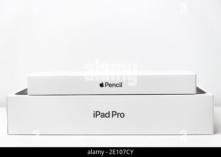 Apple pencil and iPad Pro boxes isolated on the white background, December 2020, San Francisco, USA Stock Photo