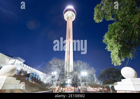 SAN ANTONIO, TEXAS - JANUARY 31, 2018: Tower of Americas at night. The 750-foot (229-meter) observation tower was opened in 1968. Stock Photo