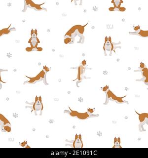 Yoga dogs poses and exercises poster design. American staffordshire terrier seamless pattern. Vector illustration Stock Vector