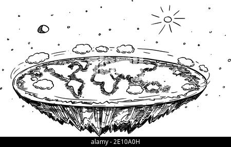 Vector Cartoon Illustration or black and white drawing of Flat Earth in Space, Concept or Flat Earth Conspiracy or Theory, Science and Education. Stock Vector