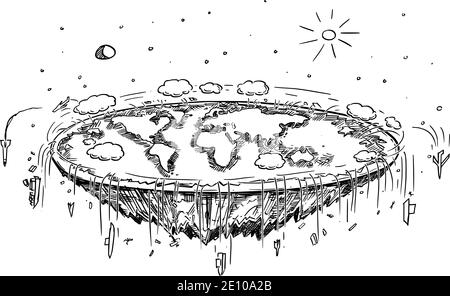 Vector Cartoon Illustration or black and white drawing of Flat Earth in Space, Concept or Flat Earth Conspiracy or Theory, Science and Education. Ships and aircraft are falling over edge. Stock Vector