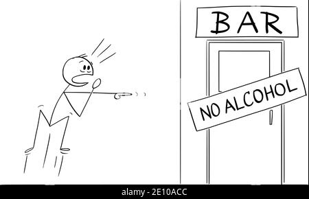 Vector cartoon stick figure illustration of shocked man who just found that his pub or bar is out of alcohol. Concept of alcohol addiction. Stock Vector