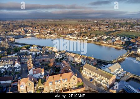 Aerial photo over Emsworth Yacht Harbour with Hermitage in view in the background. Stock Photo