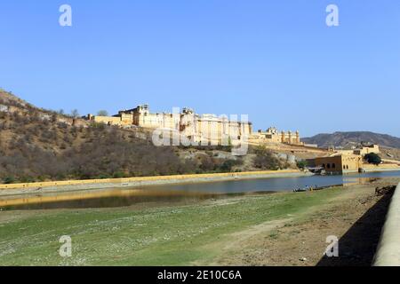 Amber or Amer Fort, at Amer, near Jaipur, Rajasthan, India viewed from the  Maota Lake; A fine example of Mughul Architecture Stock Photo