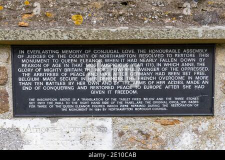 Translation of original inscribed tablets commemorating the Queen Eleanor Cross on the edge of Delapre Wood, Northampton, East Midlands, UK. Stock Photo