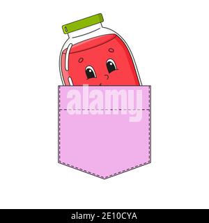 Jar of jam in shirt pocket. Cute character. Colorful vector illustration. Cartoon style. Isolated on white background. Design element. Template for yo Stock Vector