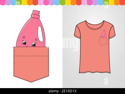 Pink cleanser in shirt pocket. Cute character. Colorful vector illustration. Cartoon style. Isolated on white background. Design element. Template for Stock Vector