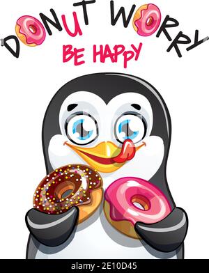 Vector illustration of cartoon penguin with donuts Stock Vector