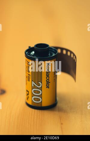 Izmir, Turkey - November 23, 2020: Close up shot of a Kodak Kodacolor 200 asa 35mm camera film on a wooden background Stock Photo